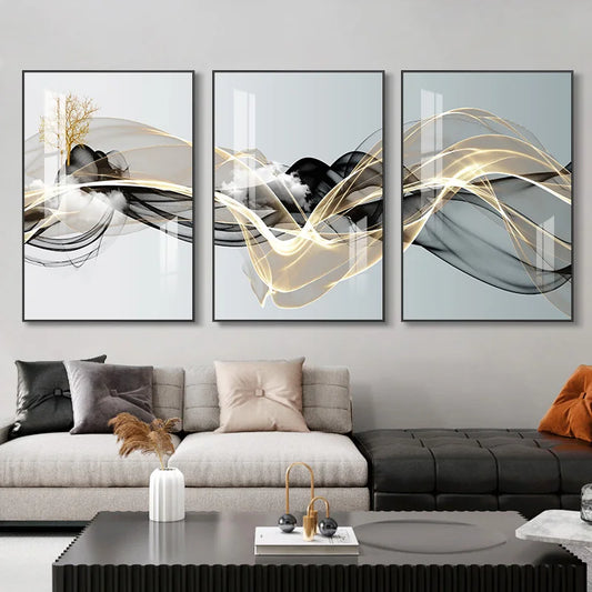 3 Pieces Nordic Luxury Ribbon Abstract Landscape Wall Art Canvas Paintings